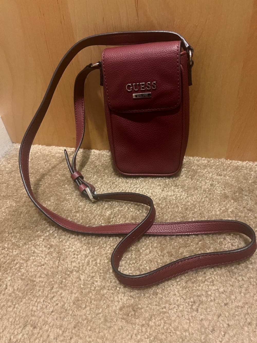 GUESS Burgundy Pebbled Leather Crossbody Phone Pouch
